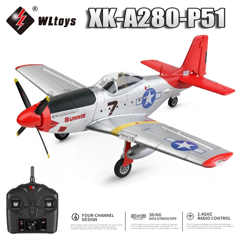 WLtoys XK A280 RC Plane 2.4G 4CH 3D6G Mode Aircraft P51 Fighter Simulator with LED Searchlight RC Airplane Toys for Children