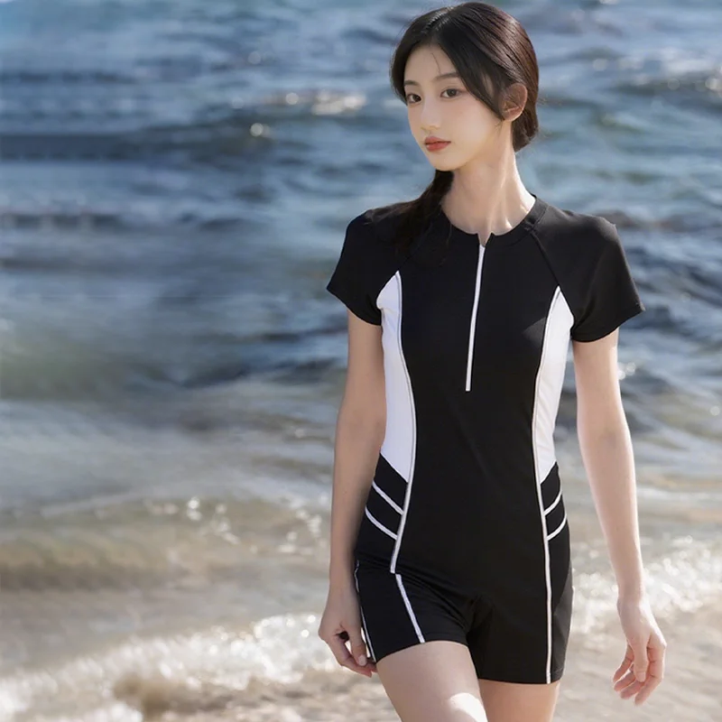 2025 New Women's One-Piece Sportswear Conservative Briefing Slimming Swimming Pool Professional Racing Swimsuit Milk Silk Bea...