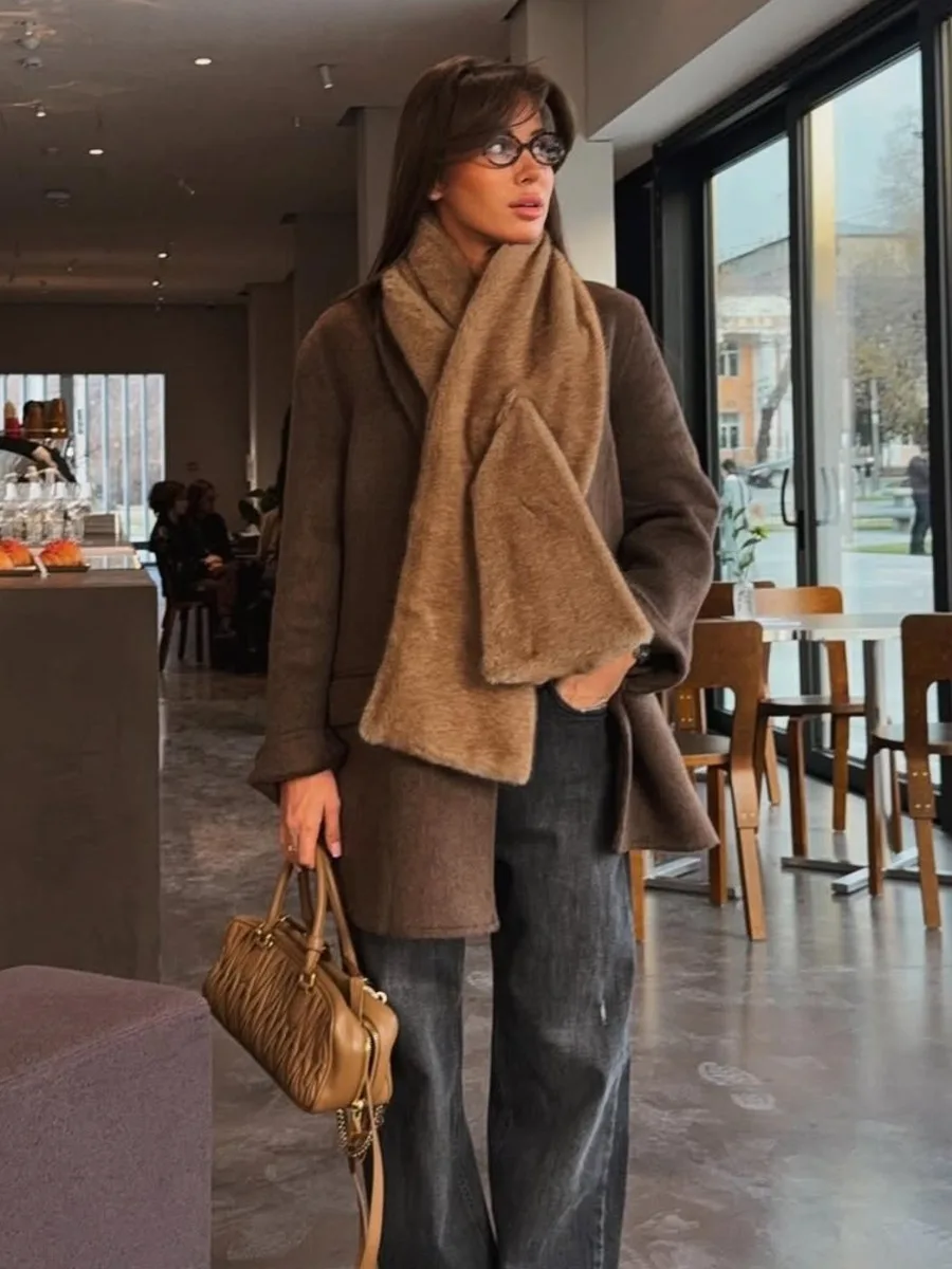 DFDG Women 2026 Luxury Faux Fur Long Scarf Soft Plush Warm Shawl Wrap Winter Thermal Large Size Fashion Daily Outfit Accessory