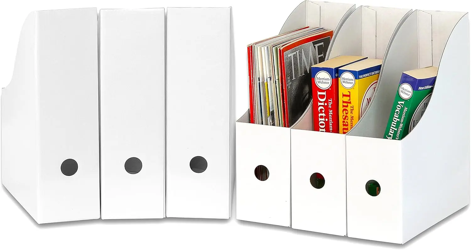

6-Pack Magazine File Holder Boxes, Foldable Cardboard Organizer with Open Top and Finger Hole for Easy Access, White