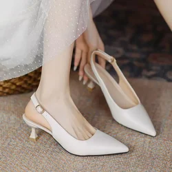 Pointed back hollow thin heel white high heels for women's 2024 summer Korean version new one line French toe sandals