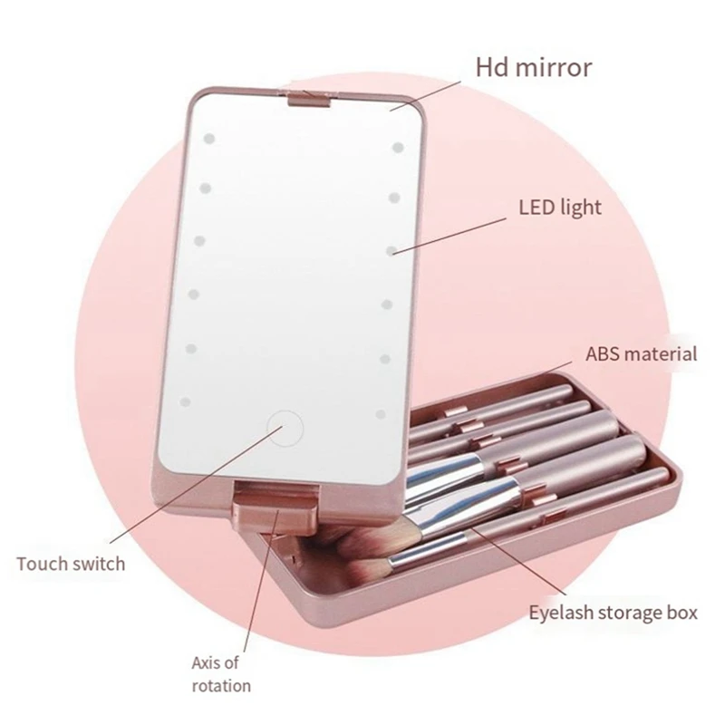 Miroir de maquillage portable avec 5 pinceaux, boîte de rangement, LED, tactile, visage unique