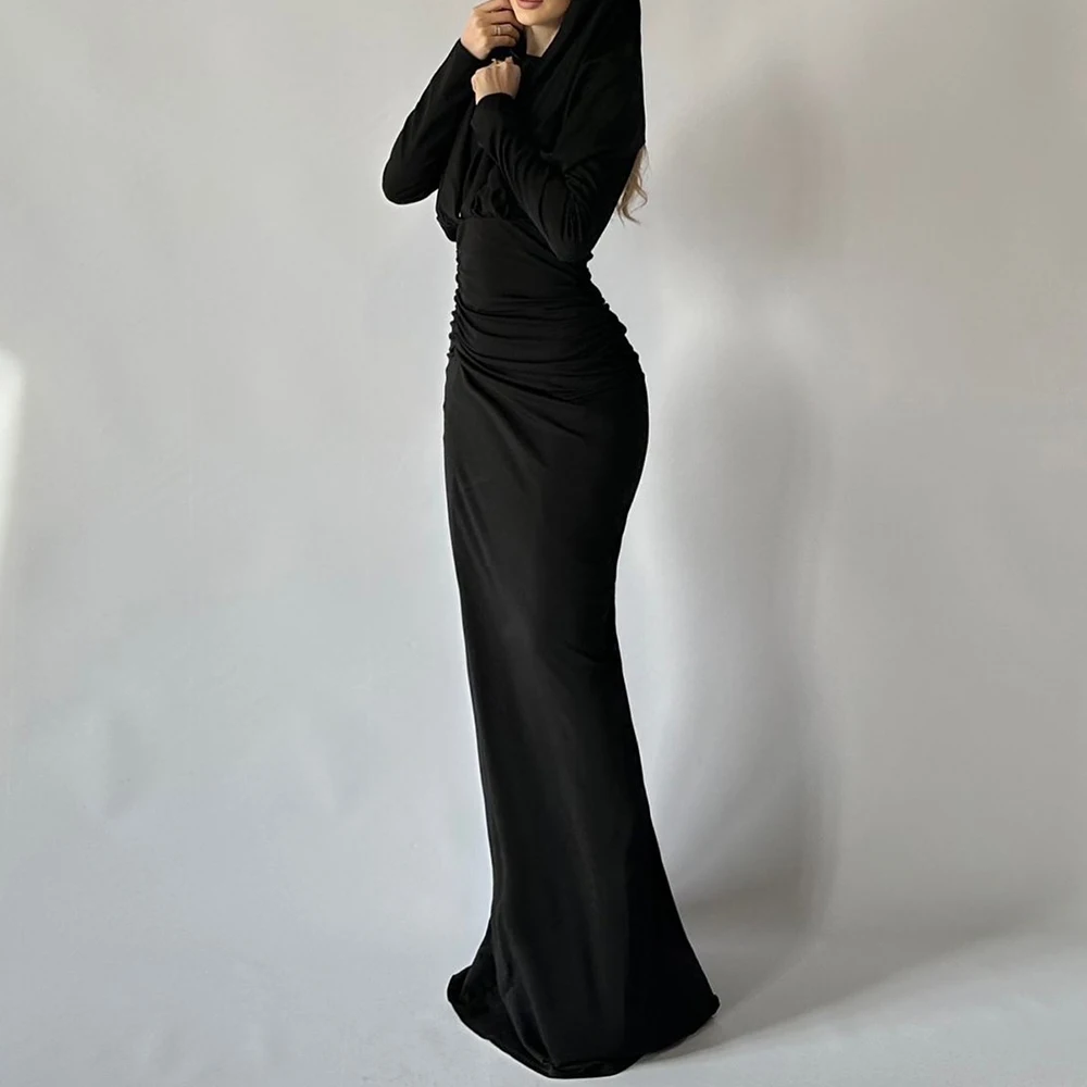 Long Sleeves Jersey O-neck Floor Length Straight Evening Dress Sweep Train Temperament Photo Color Delicate Saudi Arabia 2024