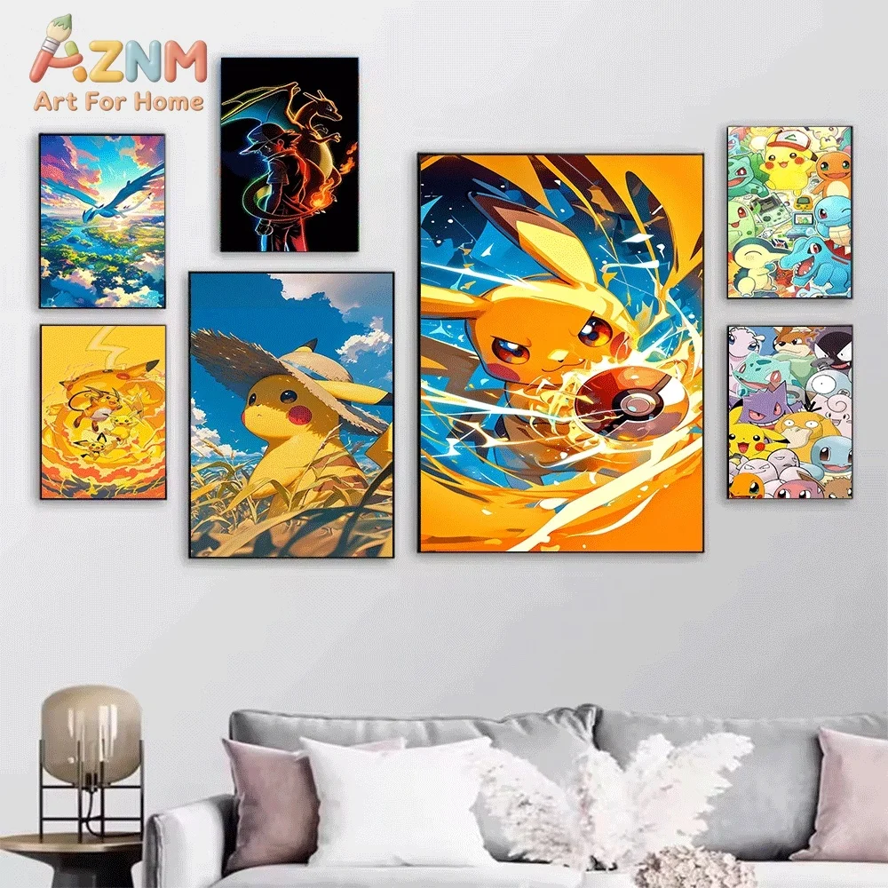 AZNM Mass Pokemon Characters Gathering Anime Canvas Wall Print, Game Art Poster, Unframed Canvas Painting for Kids Bedroom Gam