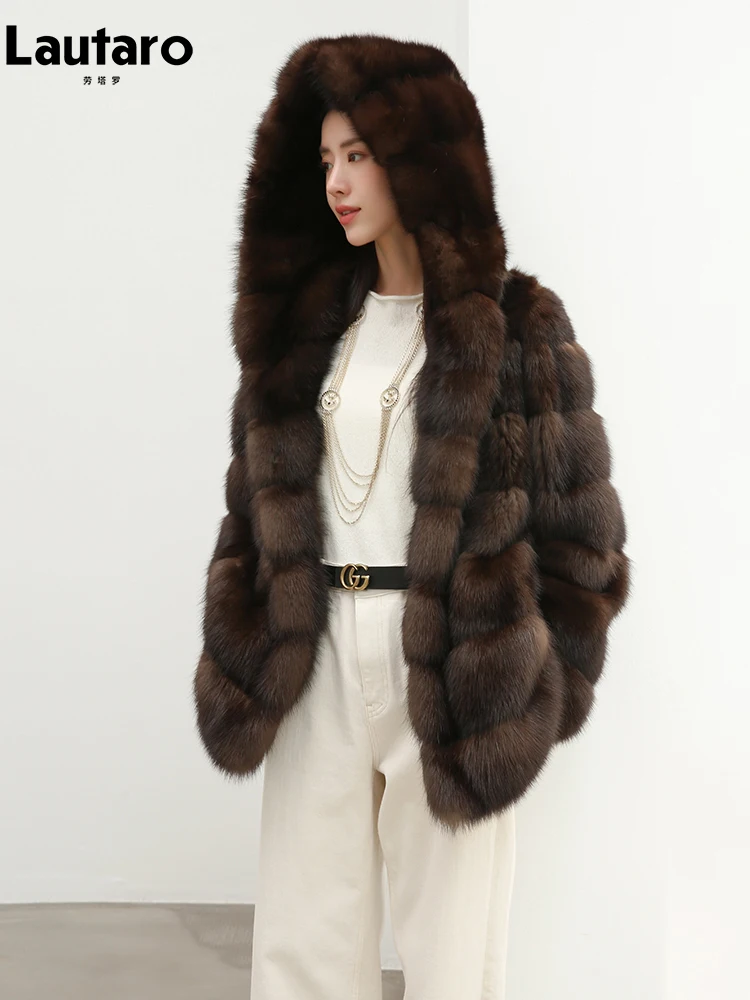 Lautaro Autunno Inverno Elegante Lusso Chic Spessore Caldo Morbido Cappotto in Pelliccia Sintetica da Donna con Cappuccio Giacca Soffice Felpa con Cappuccio di Alta Qualità