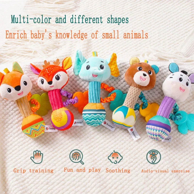 Baby Rattles Soft Stuffed Animal Rattle Hand Grip Baby Toys Shaker Crinkle Squeaky Sensory Soothing Toys Toddler Gifts