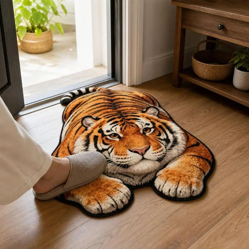 Tiger Shape Optical Illusion Doormat Lifelike Non-slip Bedside Rug Abrasion-resistant Durable Bathroom Carpet Home Decor