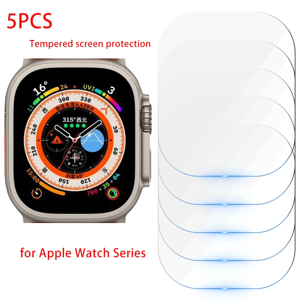 5PCS Tempered Glass for Apple Watch 9 8 7 6 SE 5 45MM 41MM 42MM 44MM 40MM 38MM Screen Protector for IWatch Ultra 49MM Protector 2 in 1 pc frame tempered glass protector case for apple watch series 9 8 7 45mm blue