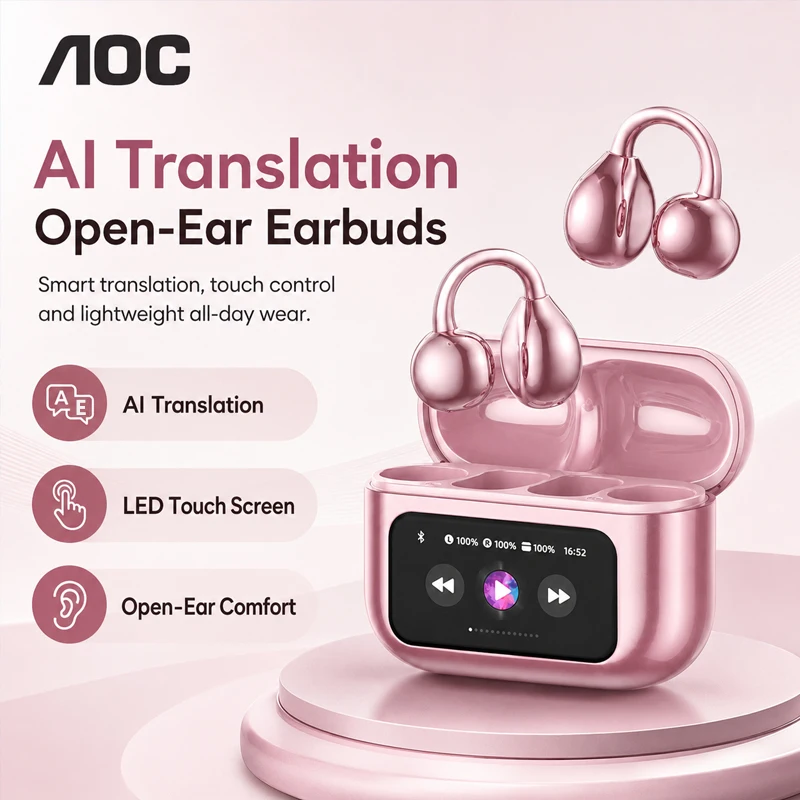 AOC M100 Earphones AI Translation Ear Clip Earbuds Bluetooth Smart LCD Screen Touch Gaming Wireless Sport Headset for Girls gift