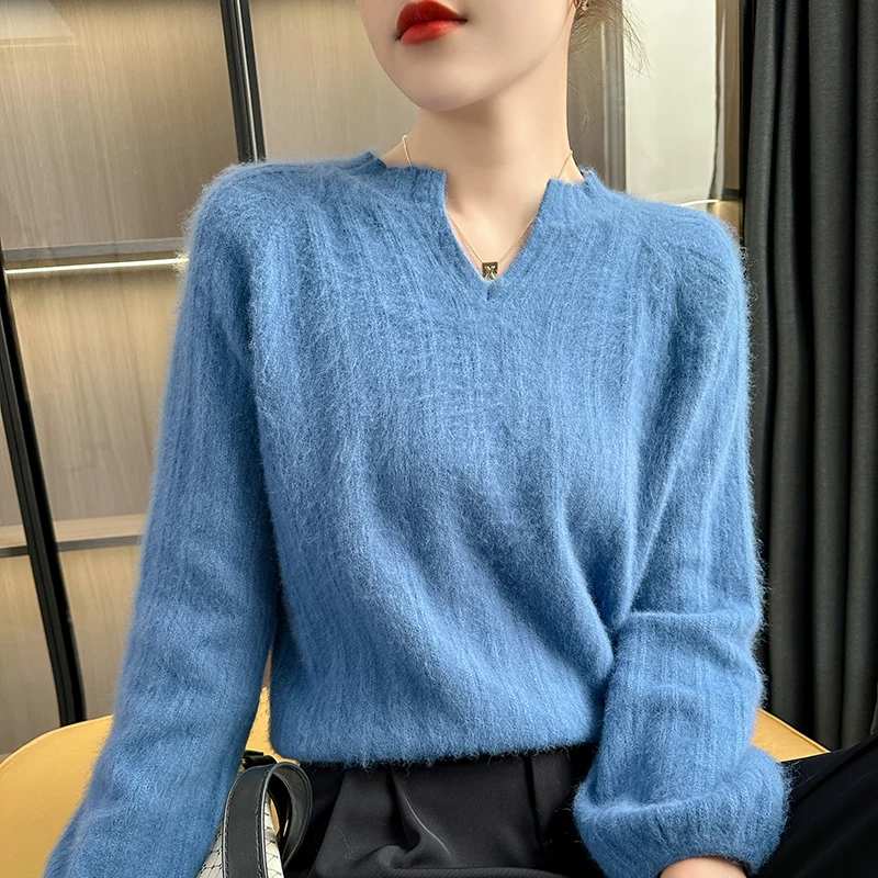 2024 Autumn and Winter New 100% Pure Cashmere Sweater Women V-Neck Long-Sleeved Pullover Sweater Loose Korean Knitted Base Shirt