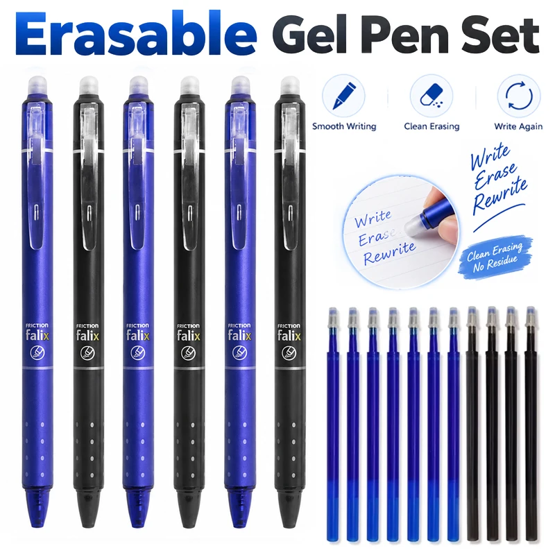 0.5mm Press Type Erasable Gel Pens Black/Blue Ink Bullet Washable Handle Magic Refills Rod Super Capacity Ink Writing