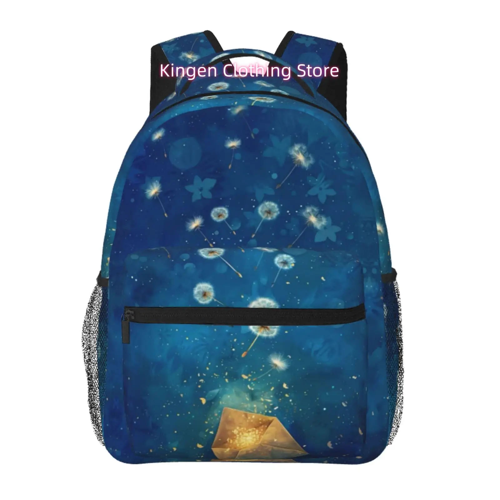 Midnight Blue Dandelion Print Backpack, Oxford Cloth Casual Daypack, Adjustable Straps, for Outdoor And Daily Use