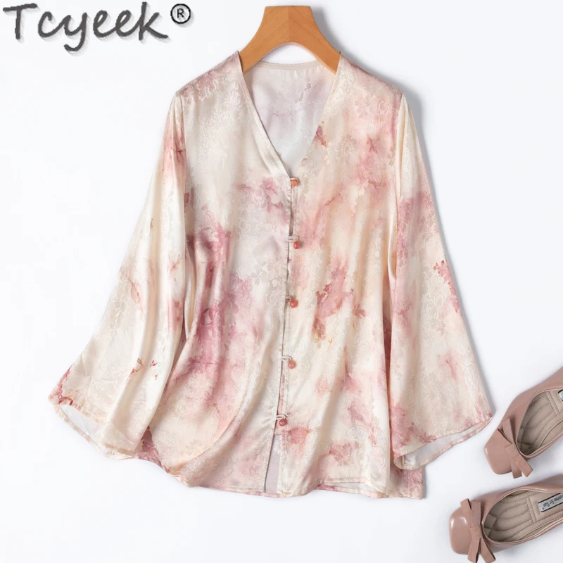 

Tcyeek 100% Real Mulberry Silk Shirt Elegant Shirts for Women 2024 Summer Clothes Womens Tops Chinese Style Top Camisa Feminina