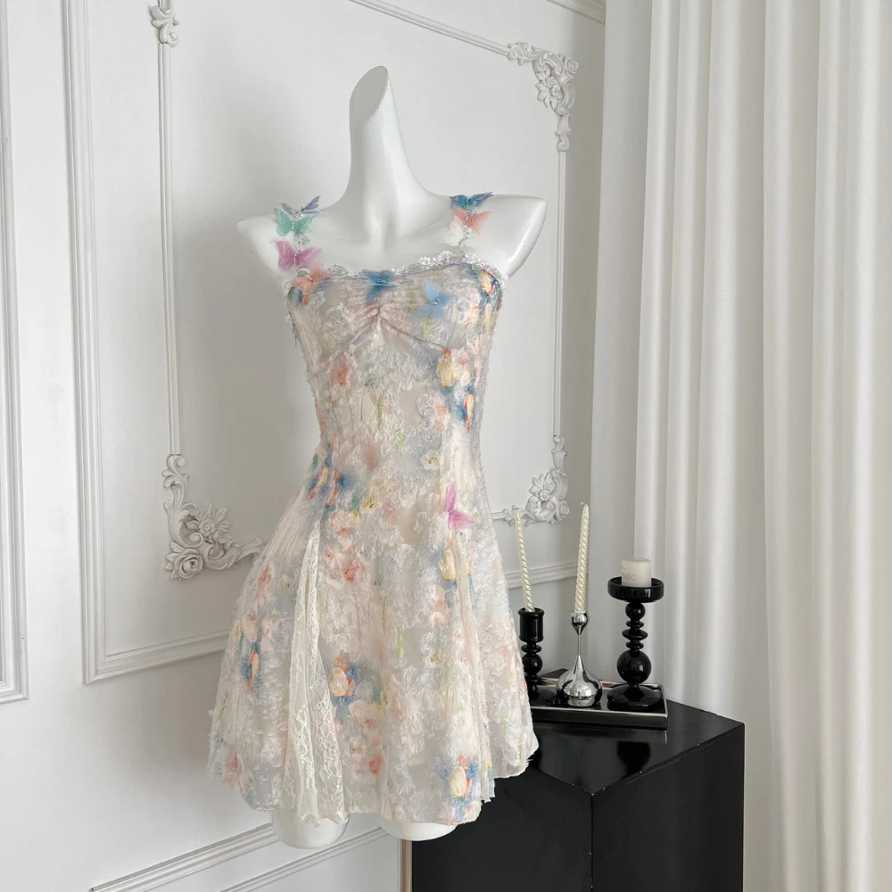 

New Elegant 3D Butterfly Lace Print Sleeveless Spaghetti Strap Mini Party Dresses Y2K Designer Vintage Casual Summer Dress Women