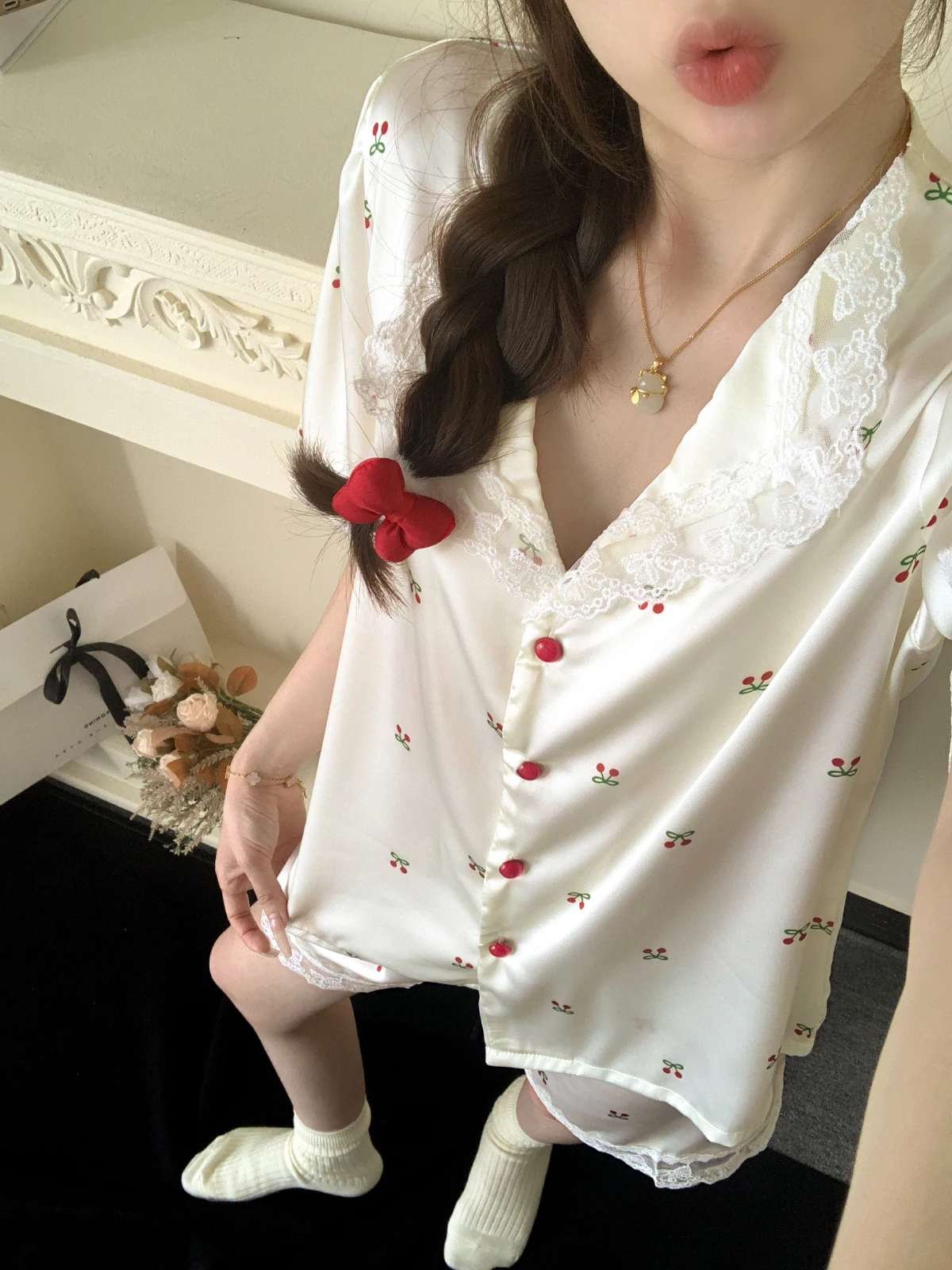2025 Summer New Japanese Ins Ice Silk Short-sleeved Pajamas Sweet Girl Casual Comfortable Cool Loungewear Set