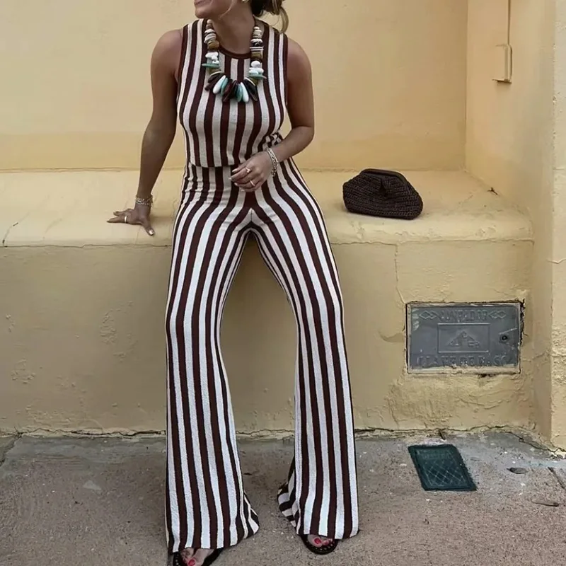 TRAF Striped Knitted Pants For Women High Waist Sweater Pants Fashion Summer Wide Fluid Pants Woman Streetwear Full Trousers