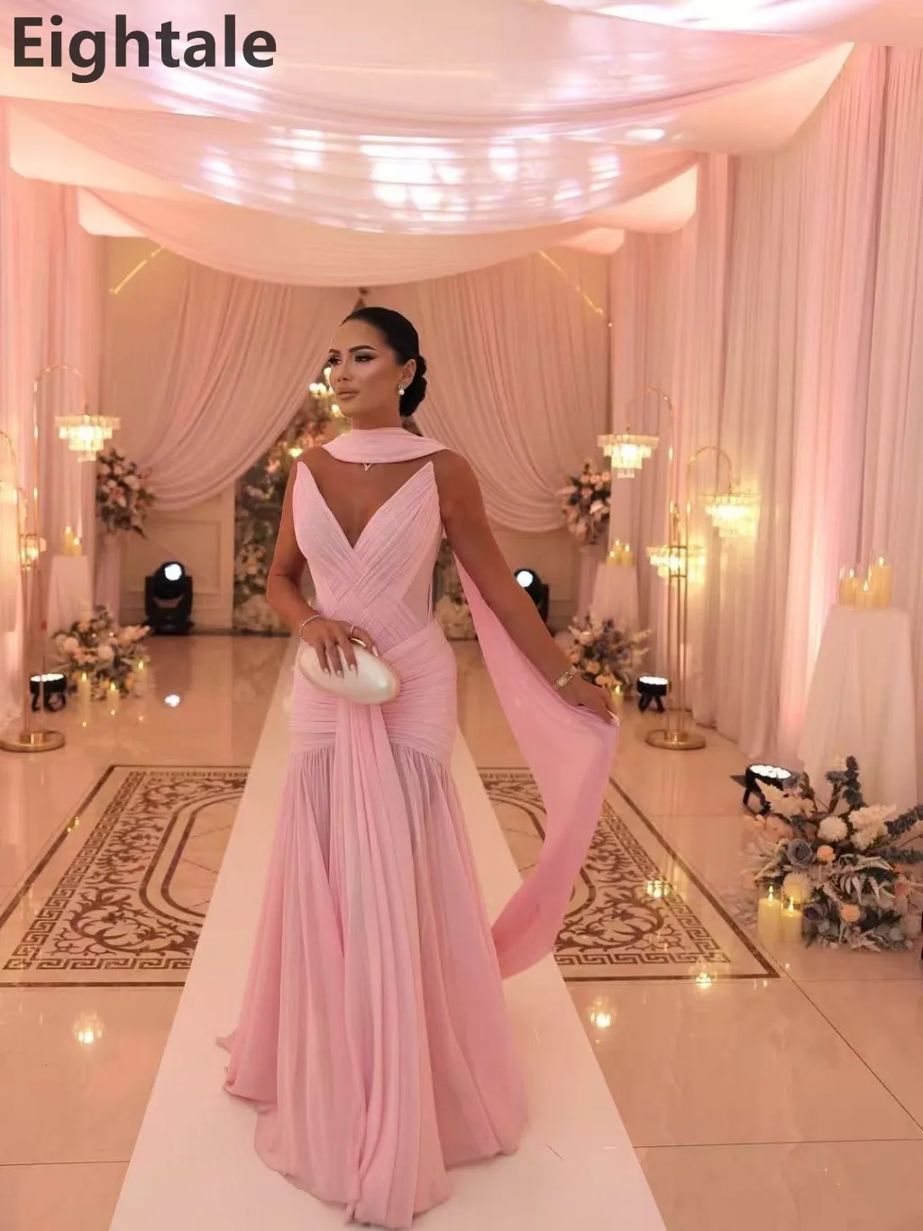 فستان سهرة طويل من الشيفون بطيات حورية البحر باللون الوردي من Eightale 2025 مع لف فستان حفلة موسيقية عربي سعودي فستان حفلة دبي مخصص #6