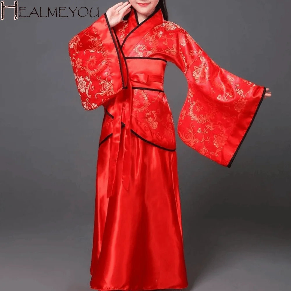 أزياء الأطفال العرقية القديمة المطبوعة حبل من الحرير فستان هانفو الرجعية صور الدعامة الملابس الصينية التقليدية الفتيات