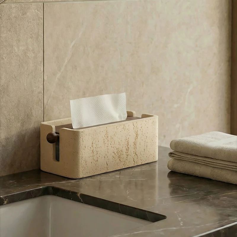 Stone-patterned Tissue Paper Box Beige Rectangular Fabric Storage Box with Wooden Knob Bathroom Vanity Cabinet Home Decoration
