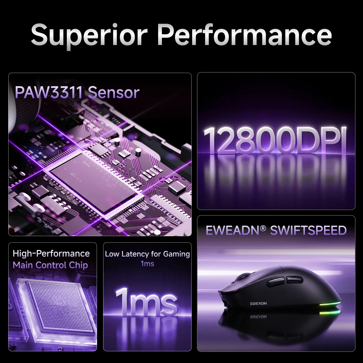 EWEADN GS02 Pro Tri-Mode Wireless Gaming Mouse PAW3311 12800DPI 1000Hz 500mAh Lightweight Ergonomic for PC Laptop Office Gift