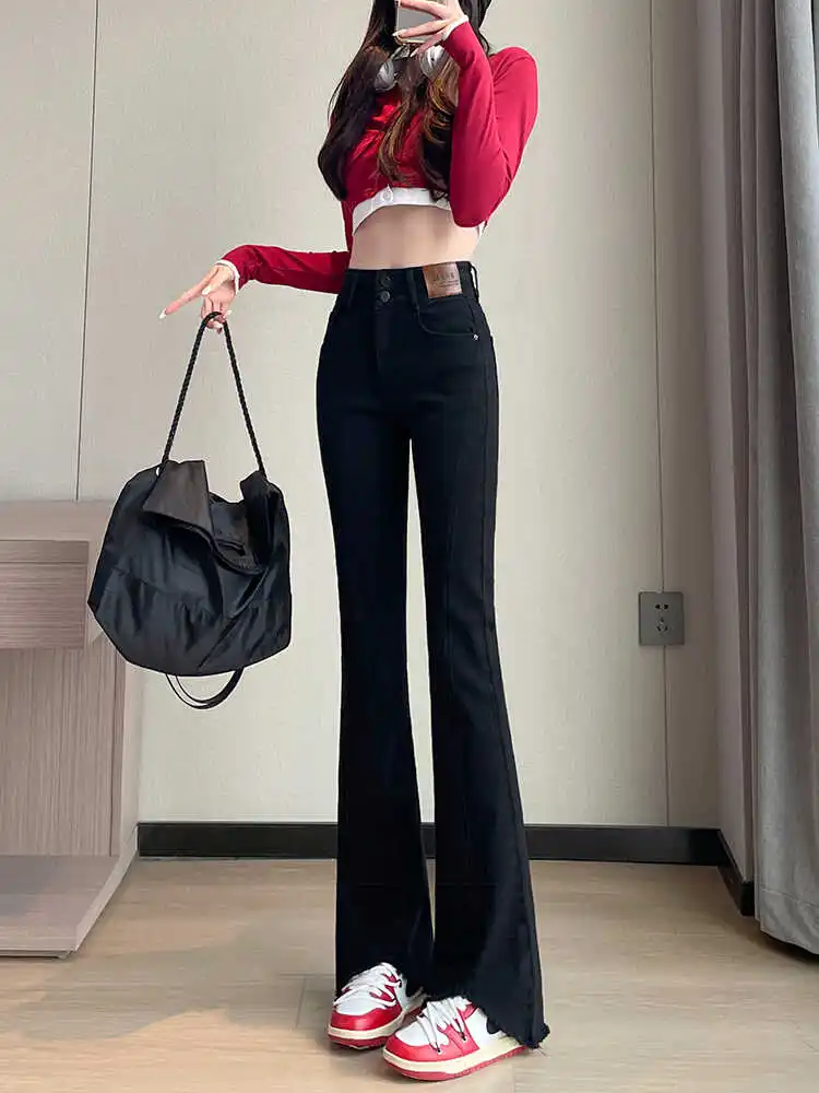 

High Waist Slim Fit Bla Slit Hem Denim Jeans Women's Thin Elastic Bootcut Floor Length Micro Flared Pants Summer Cotton Str...