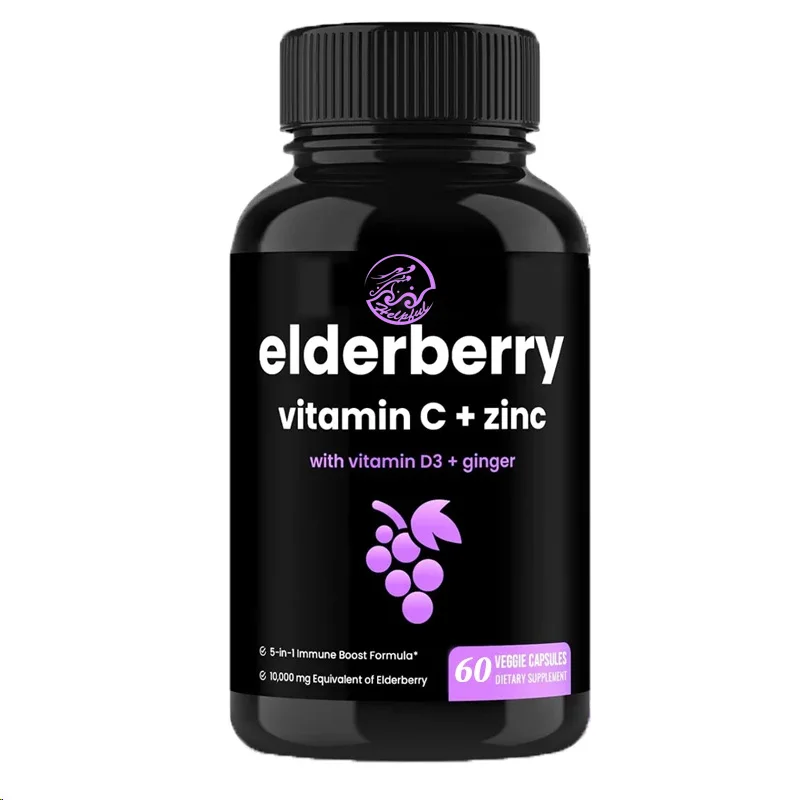 Elderberry Contains Zinc and Vitamin C, Vitamin D3 5000 IU&ginger 5-in-1 Antioxidant and Immune Support Supplement, 60 Capsules