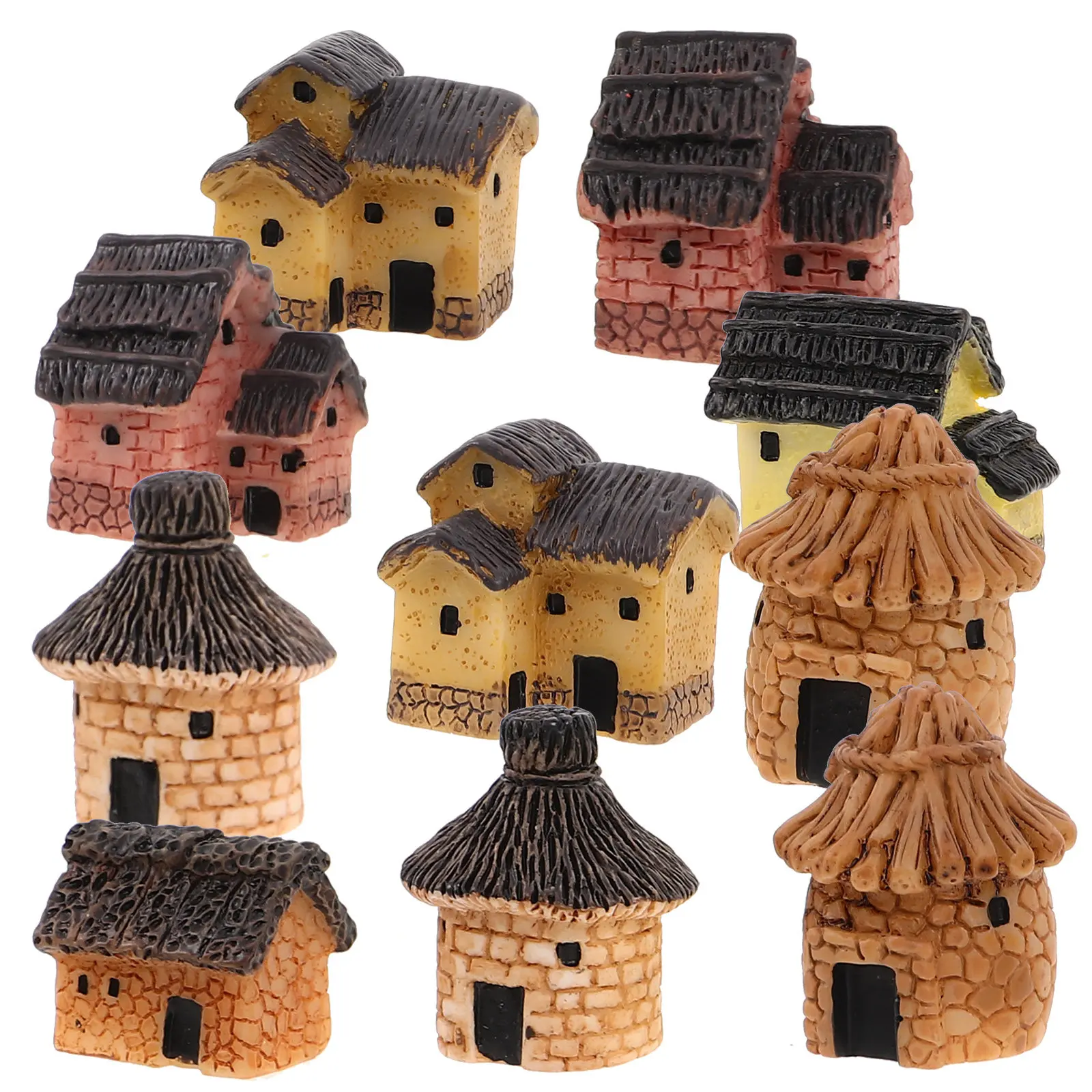 10Pcs Vintage Thatched Miniature Resin for Micro Landscape Garden Decor Fairy Terrarium Desktop Ornament Miniature Cottage