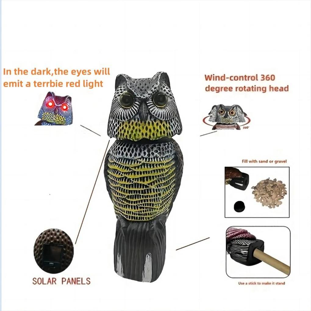 Owl Scare Bird Control Devices 360° Swivel Head Waterproof Fake Owl Solar Powered Flashing Eyes Simulation Owl Bird Deterrent