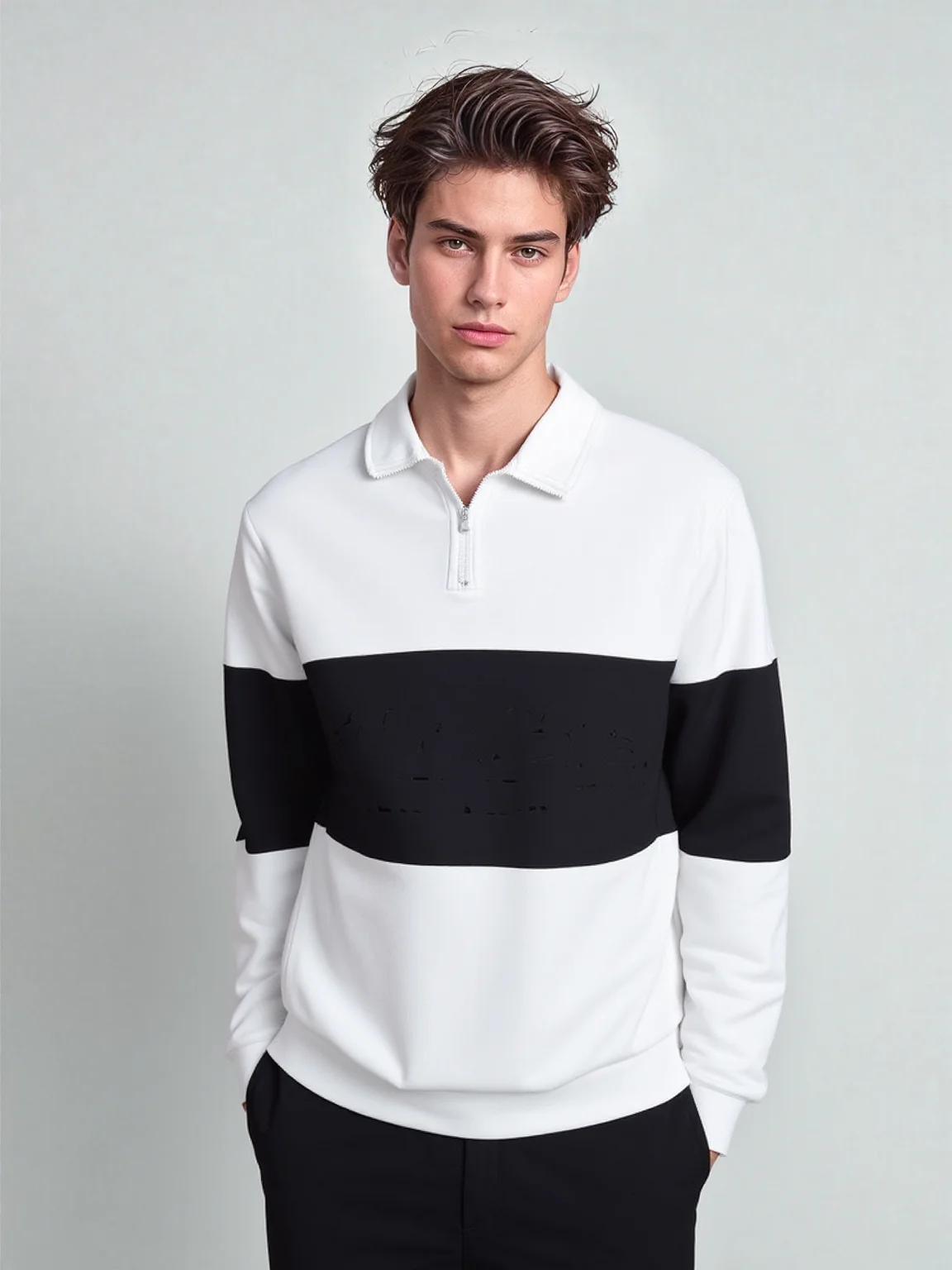 Black and white contrasting collared hoodie with half zipper, loose casual long sleeved top, men's clothing source view 2