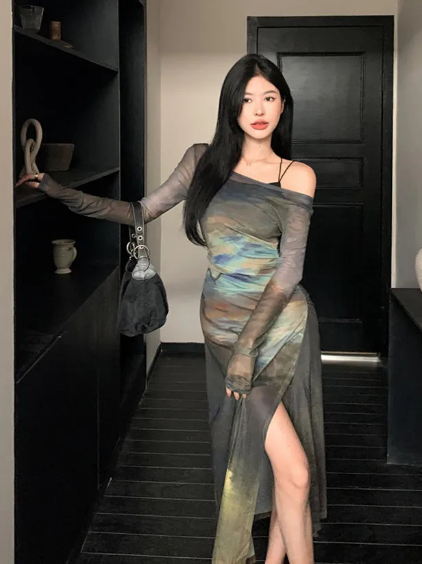 

Элегантное платье-сетка с принтом «Spicy Girl» для женщин, весеннее, с разрезом, длинное, приталенное, на бретельках, комплект из двух предметов, повседневная одежда