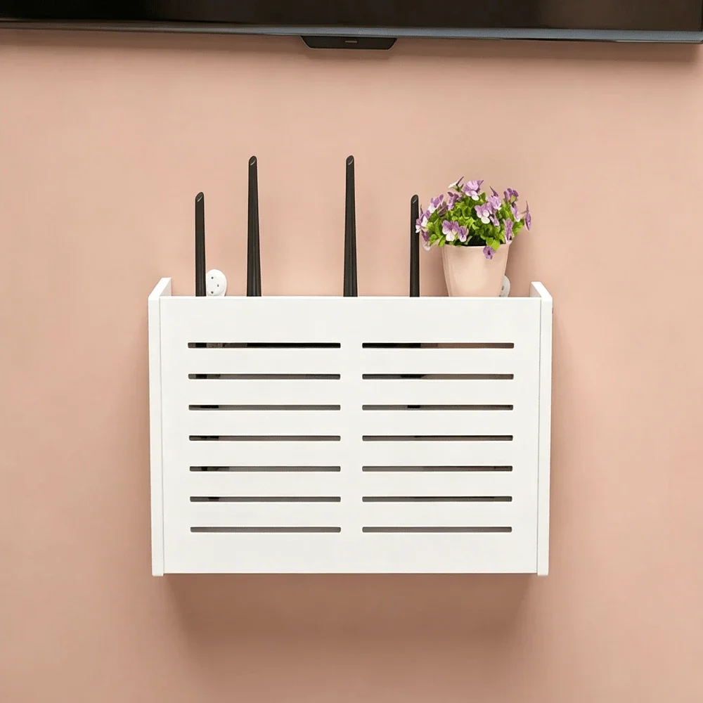 1pc Wall-Mounted Router Storage Box, Thickened Board, 2 Hollow Styles: Lucky Cat WiFi Hollow / Louver Breathable Heat Dissipation Design, Conceals Messy Cables And Beautifies Wall, No Drilling Easy Installation, Suitable For Living Room, Bedroom, Entryway view 3