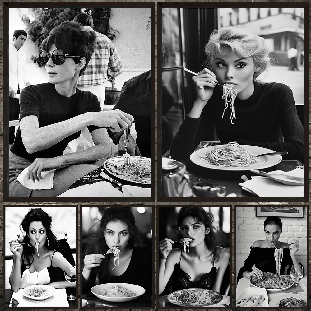

Italian Woman Eating Spaghetti Black And White Art Poster Print,Fashion Girl Eating Pasta Kitchen Wall Art Canvas Painting Decor