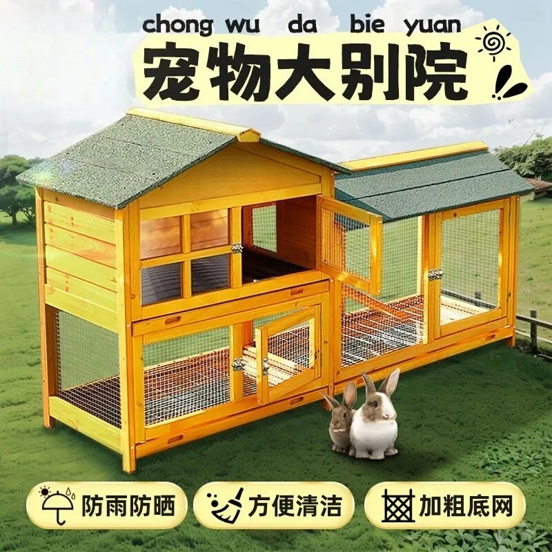 

Rabbit cage outdoor large rabbit two-story villa rabbit nest wooden house outdoor solid wood breeding cage