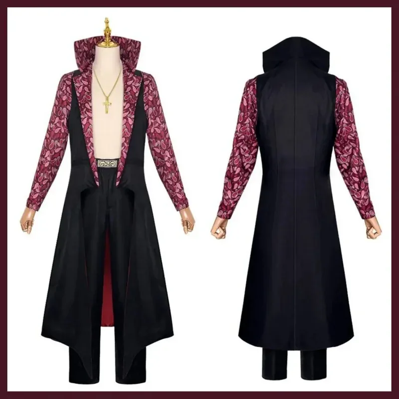 2025 aaa Live Action Movies Dracule Mihawk Cosplay Costume Stand-Up Black Printing Long Sleeves Coat Trench Uniform Full Set Man