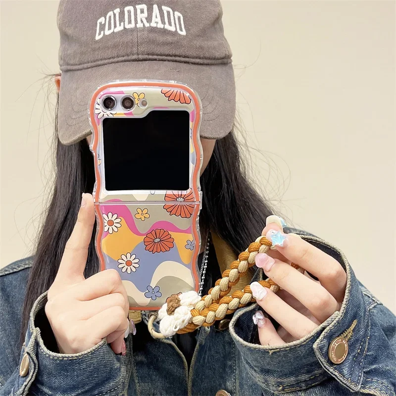 Funda de teléfono con cordón de flores para Samsung Galaxy Z Flip 6 5 4 3, funda trasera protectora para ZFlip4 ZFlip5 ZFlip6