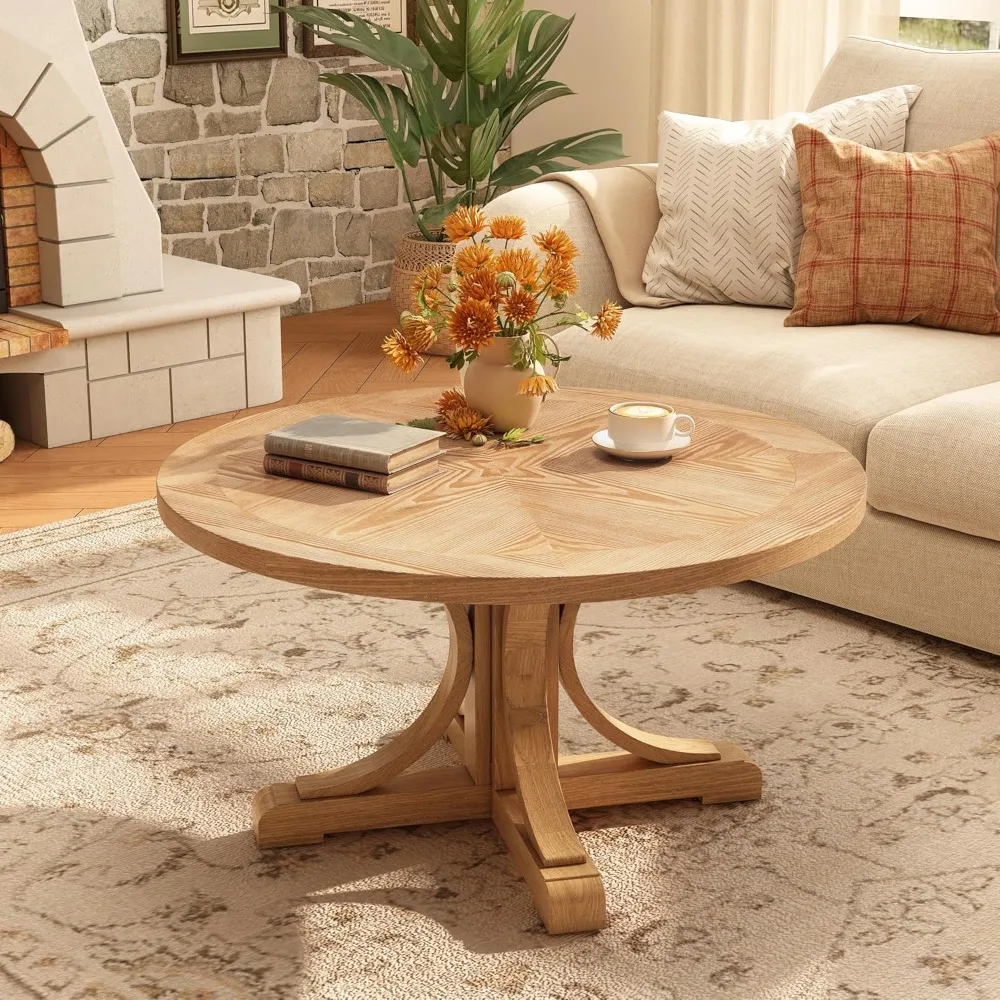 

Round Wood Coffee Table with Pedestal Base, Wooden Circle Center Table with Splicing Wood Tabletop, Farmhouse
