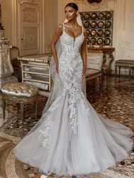 Vintage Mermaid Wedding Dresses for Women Scoop Neck Spaghetti Straps Appliques Corset Bridal Gown Backless Vestidos De Novia