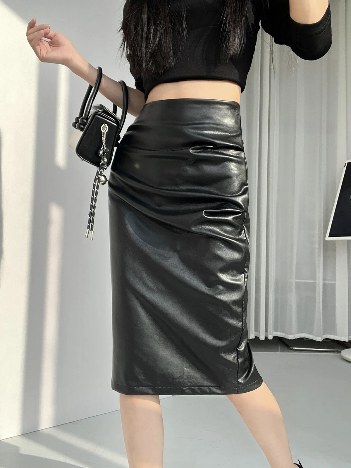 Pink High Waist PU Skirt Half-length Midi Professional Slit Women's Fashion Spring 2026 Slim Fit Pencil Skirt by Cotton Village
