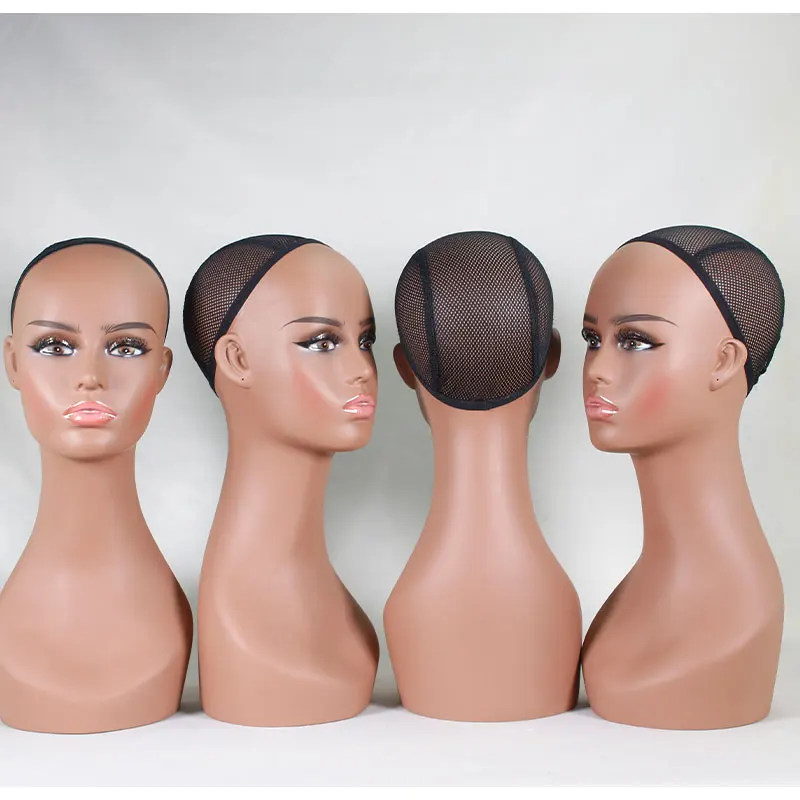 Cabeza de maniquí femenino realista, cabeza de PVC de cuello largo, busto de peluca, modelo de soporte de cabeza con maquillaje, pelucas, sombreros, gafas de sol, collar