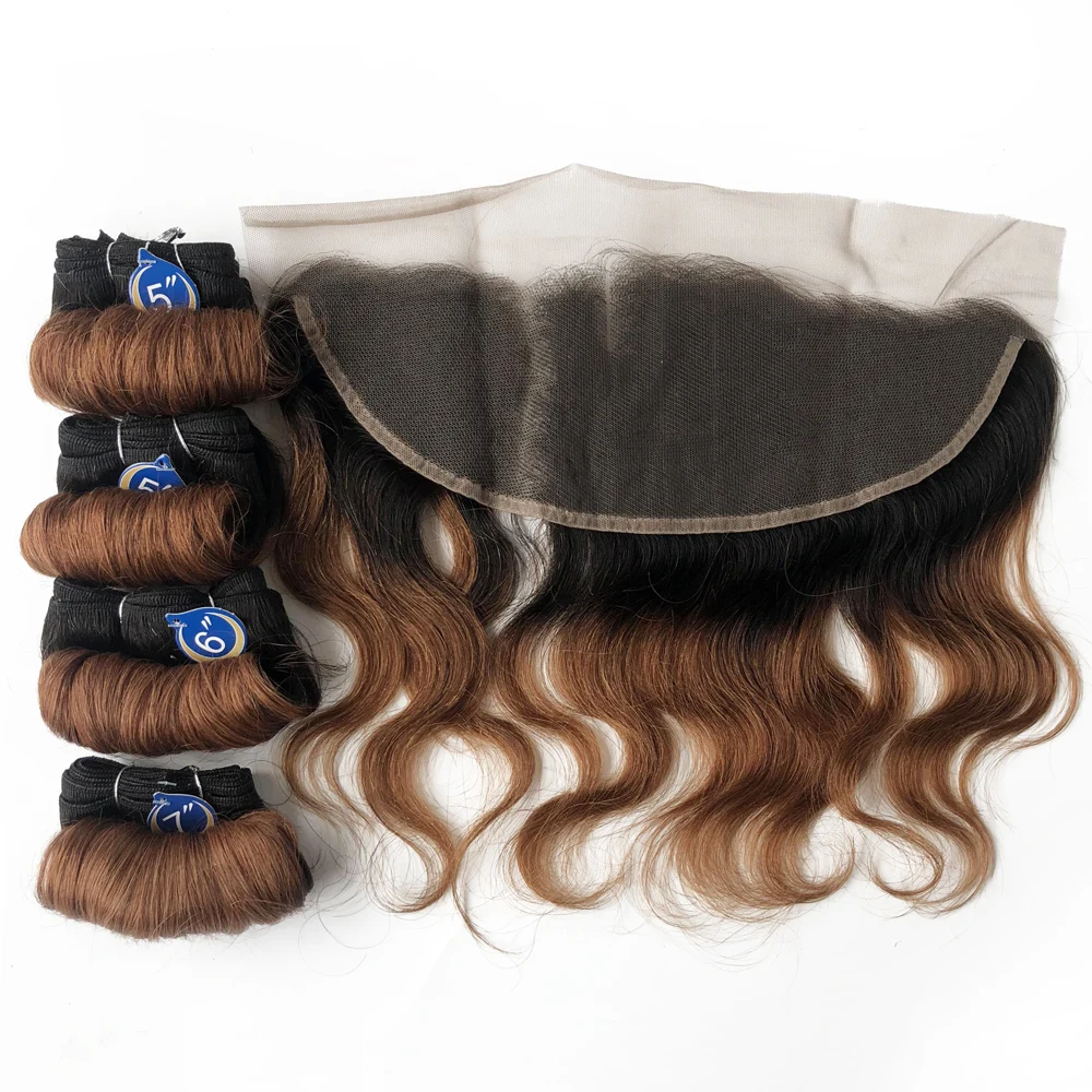 Fasci di onde del corpo Ombre con fasci di capelli umani indiani frontali con chiusura in pizzo colorato 1B 27 30 99J fasci di estensioni dei capelli