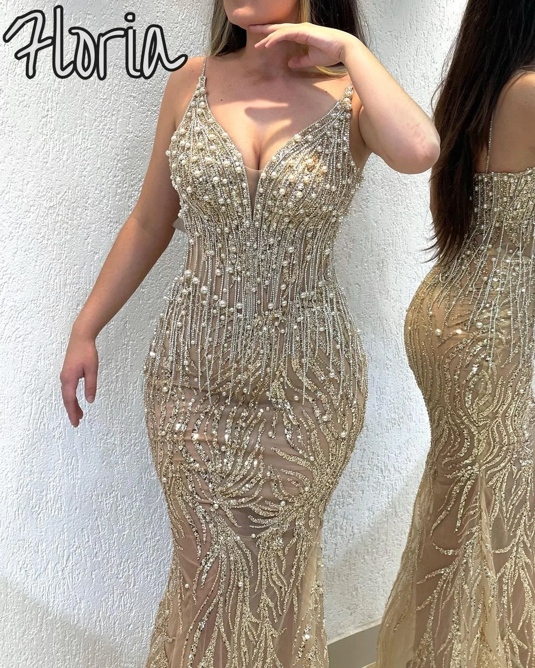 แชมเปญสปาเก็ตตี้Mermaidยาวอย่างเป็นทางการชุดราตรีCoutureลูกปัดพู่ชุดสําหรับงานแต่งงานVestidos De Noche