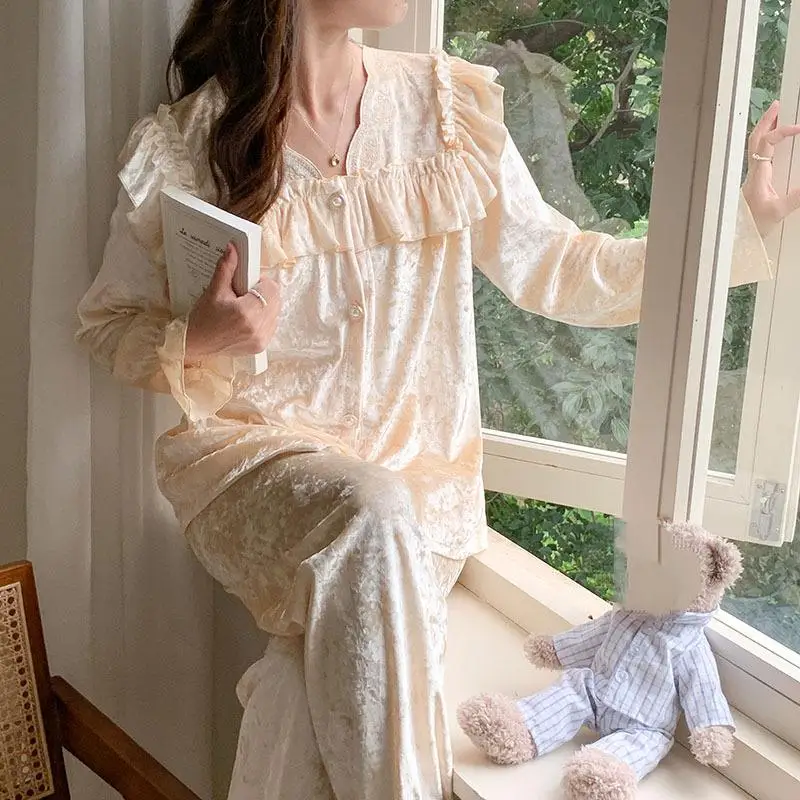 Women's Lace Long Sleeved Long Pants Pajama Set for Autumn Winter New Sweet Princess Style Home Clothes Fashion Two-Piece Set