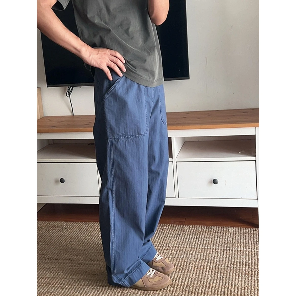 Retro American Vintage Elegant Blue Work Pants Loose Fit Washed Straight Leg Cotton Casual Trousers for Men And Women