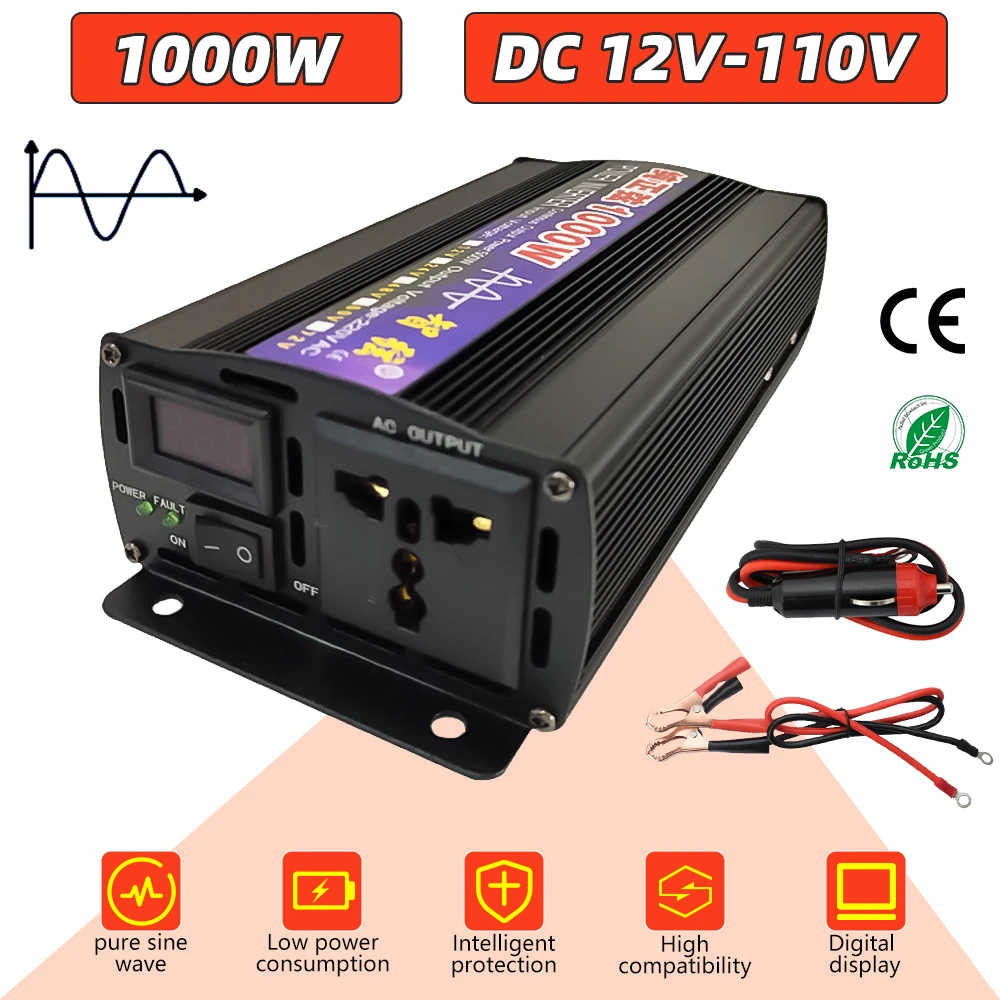 Pure Sine Wave Inverter DC 12V to AC 100V 120V 1000w Voltage Transfer Converter Universal Socket Auto Accessories with Display