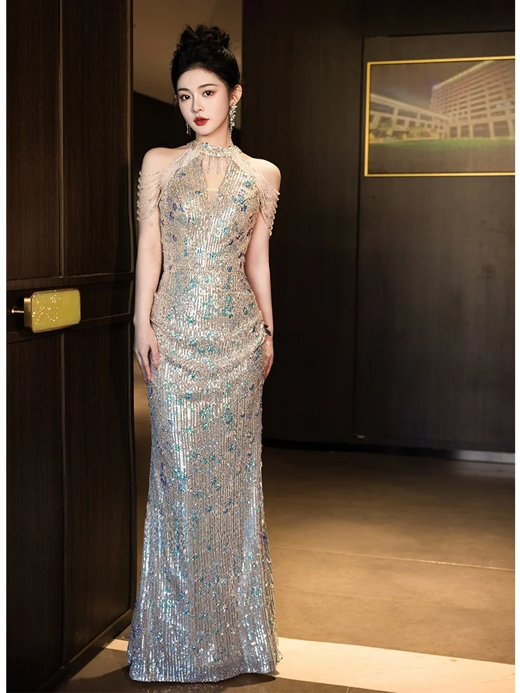 

Новое вечернее платье Ele Fi Tail 2025 года: роскошное корейское платье с бисером, завышенной талией и длинной юбкой