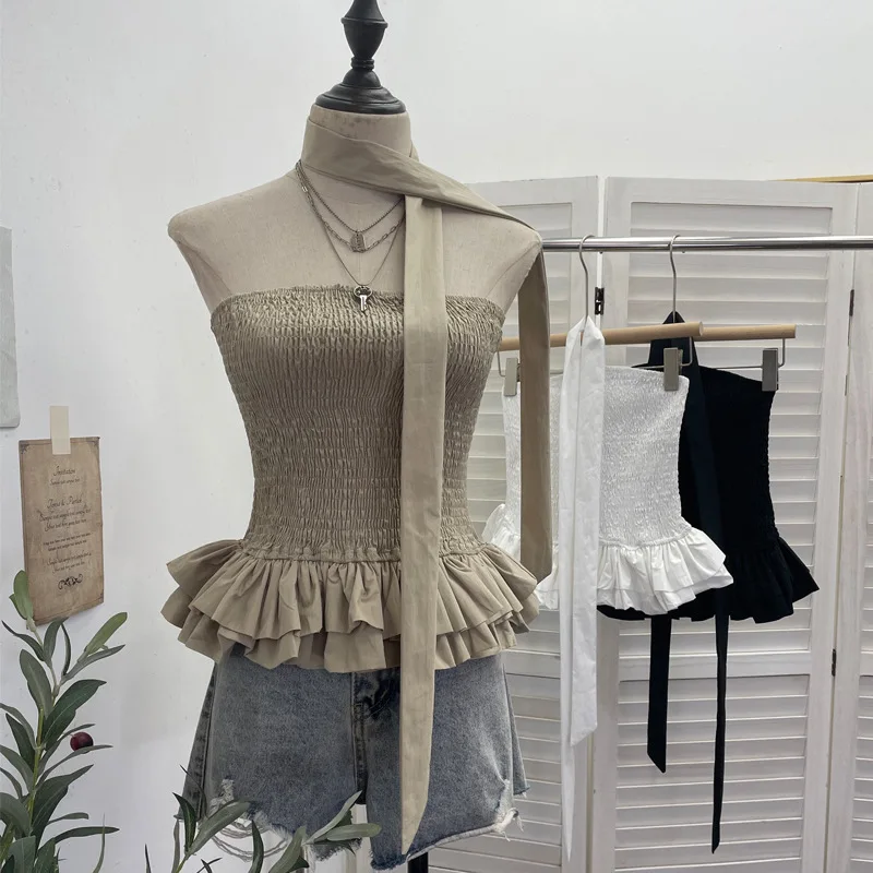 Women Elastic Smocked Ruffle Hem Fluffy Lace Tube Top Halter Ribbon Slim Fit Cropped Sleeveless Bustier Blouse Clubwear8169
