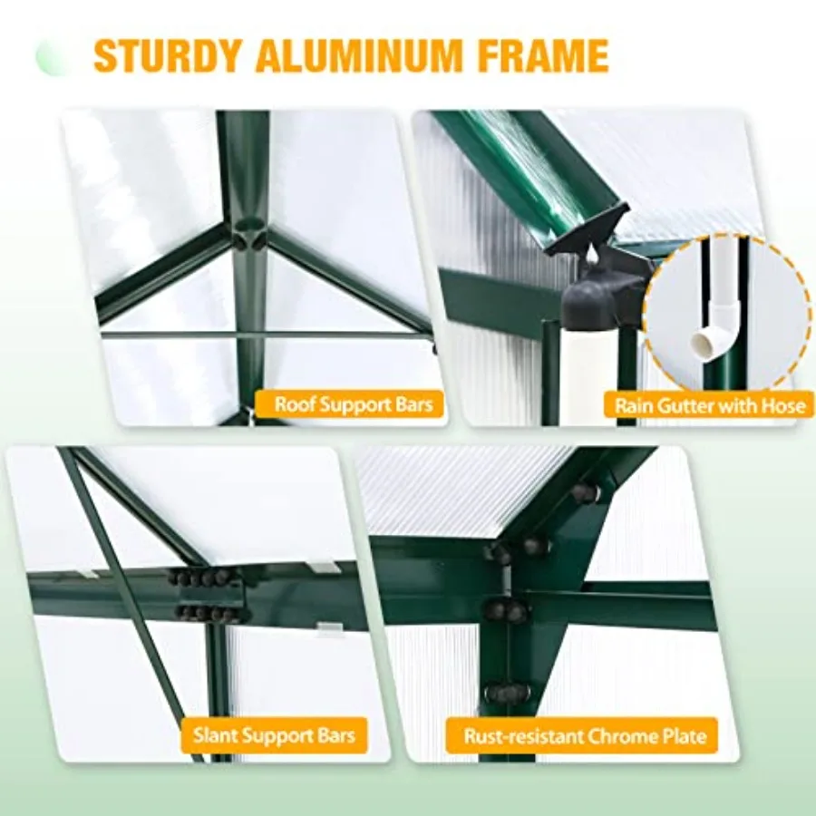 10x6x7 Outdoor Walk-in Hobby Greenhouse with Adjustable Roof Vent, Rain Gutter, Base and Anchor, Polycarbonate Aluminum Green H