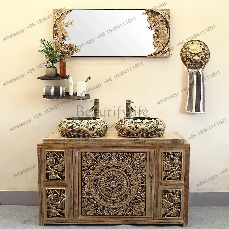 Bathroom Cabinet Combination Solid Wood Double Basin Bathroom Cabinet Washstand Basin Cabinet Combination Floor Type