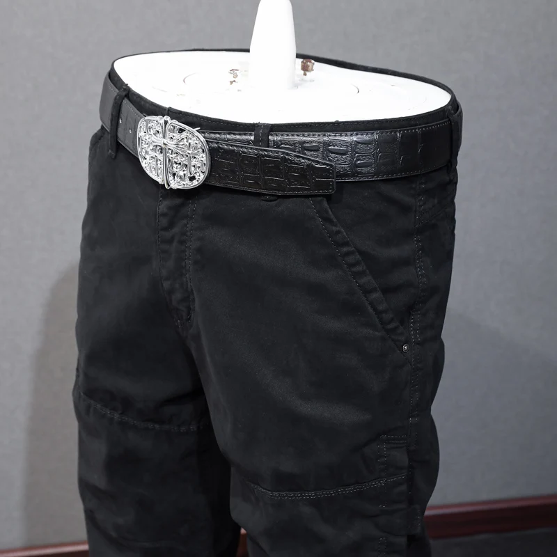 Y2K High Street Fashion New Jeans Washed Nostalgic Stretch Slim Black Jeans Hip Hop Brand Large Pocket High Quality Splicin