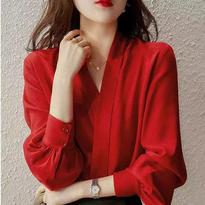 Red Blouse Women Plus Size Loose Office Shirt Long Sleeve Simple V Neck Tops Korean Blouses OL